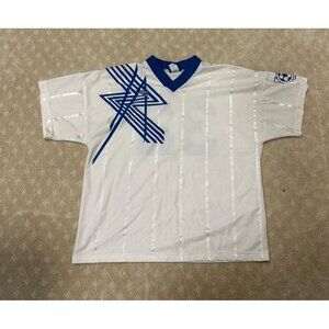 Vintage Umbro Soccer Jersey Men's L White Blue Stripe #32 Made in USA 90s Kit